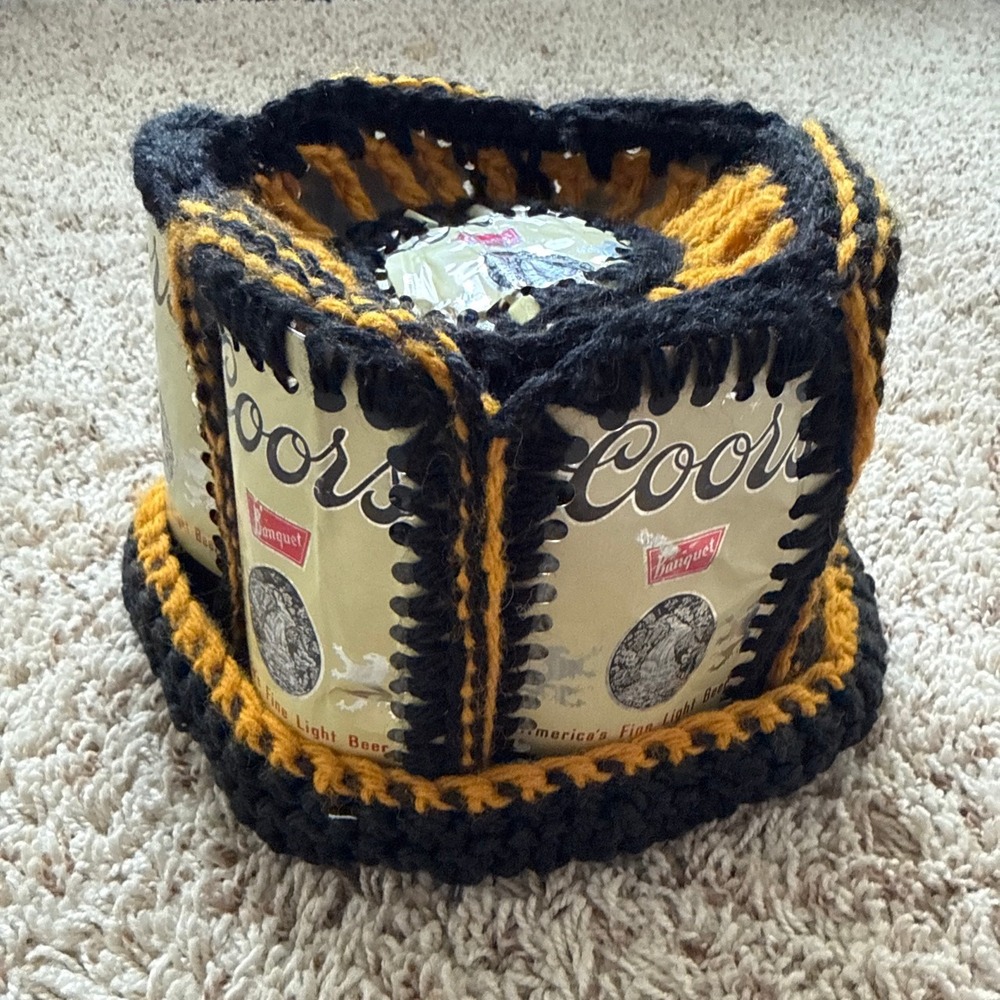 Vintage Coors Banquet Beer Can Crochet Hat Black Gold Handmade Breweriana Bucket